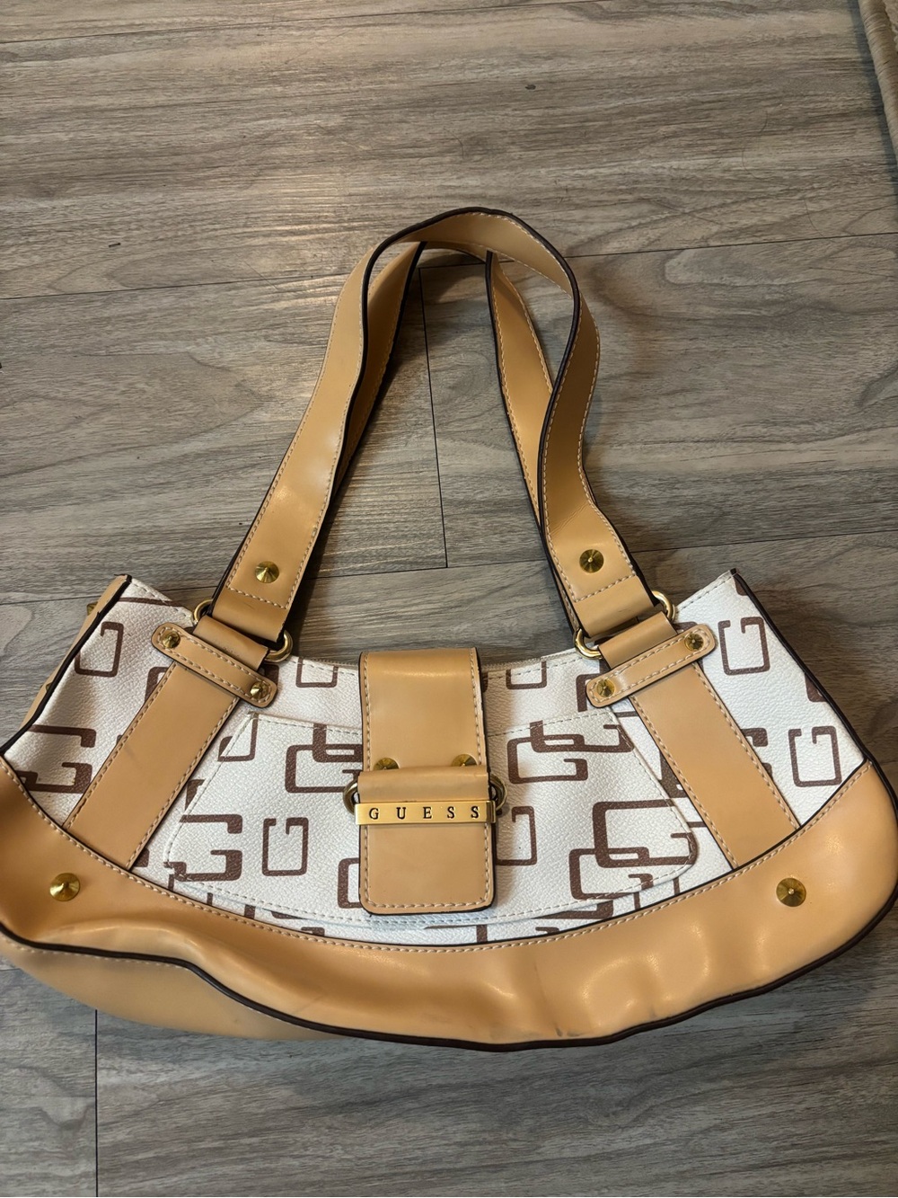 GUESS Tan and White Logo Hobo Shoulder Bag